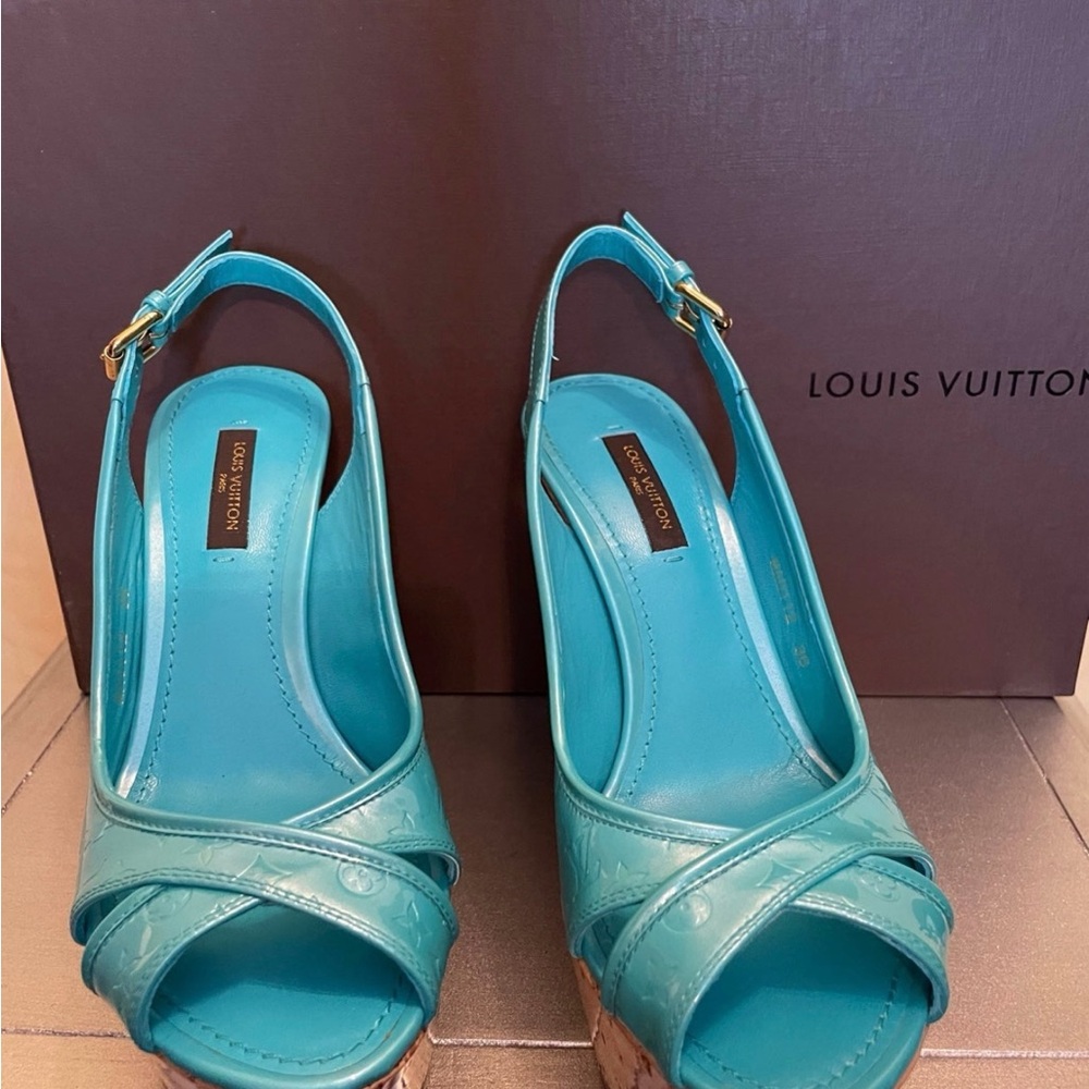 Louis Vuitton Aqua Blue Wedge Sandals - Picture 2 of 6